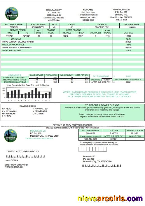USA Tennessee Mountain Electric Cooperative, Inc MEC utility bill